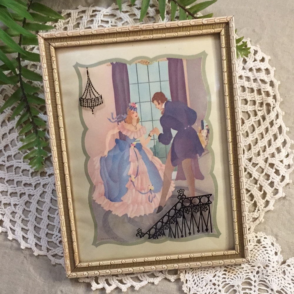 Vintage Reverse Painted Ballroom Dance Print Ornate Frame Convex Glass